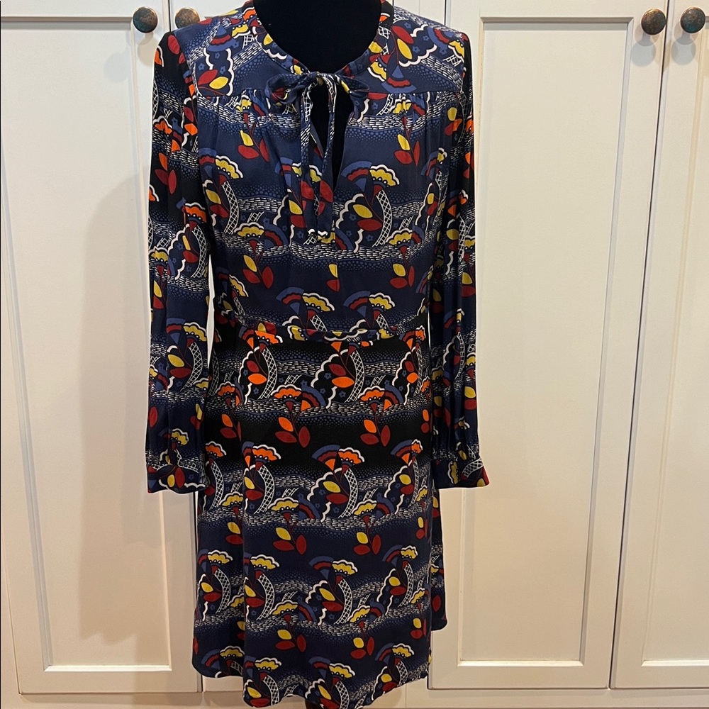 Boden women's blue abstract dress size 8 A-line long sleeve colorful